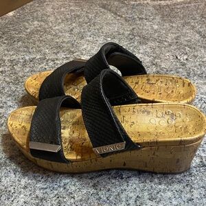 Vionic Black Dual-Strap Cork Wedge Sandals